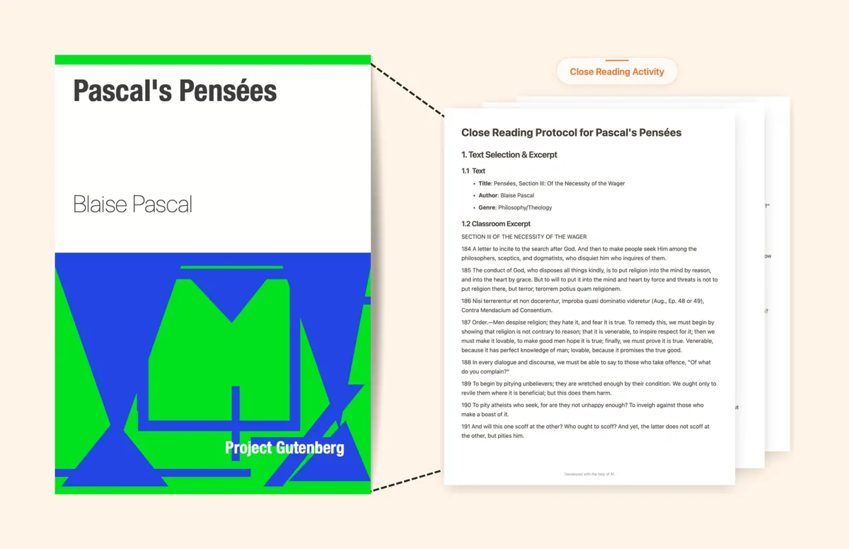 Eduaide-generated English language arts resource showing a close reading activity.