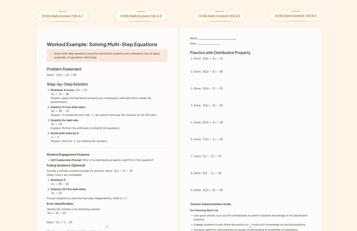 Eduaide-generated math resources including worked examples and practice problems.