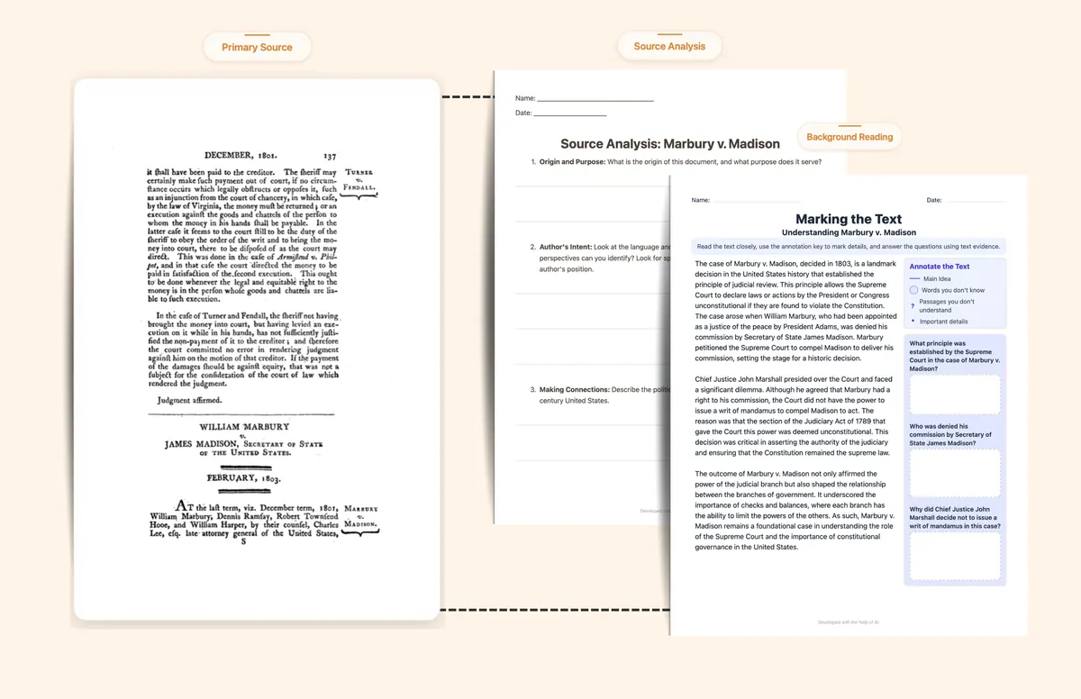 Eduaide-generated social studies resources including source analysis and classroom activity materials.