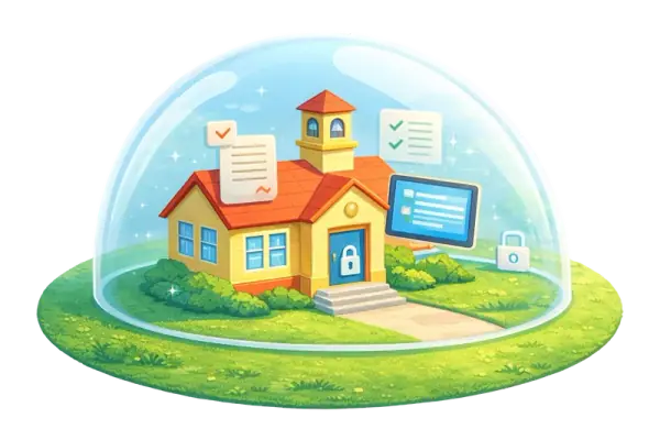 Illustration showing a classroom document protected by layered privacy boundaries.