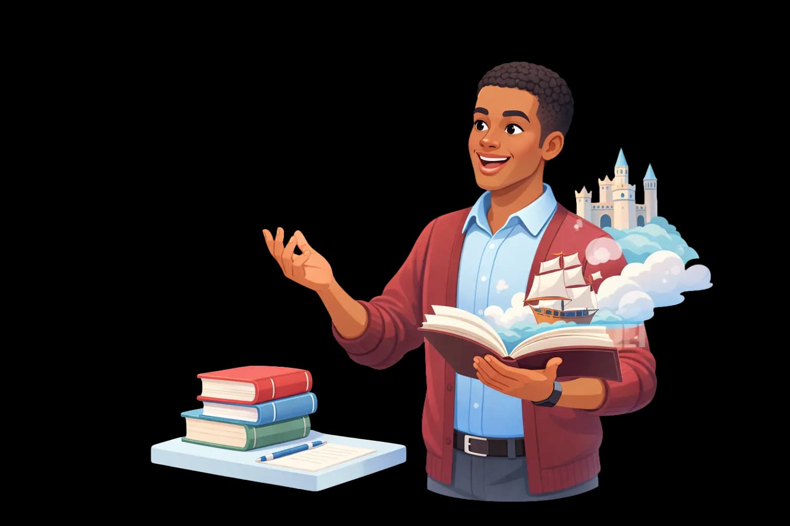 Illustration of an English teacher guiding a classroom literacy discussion.