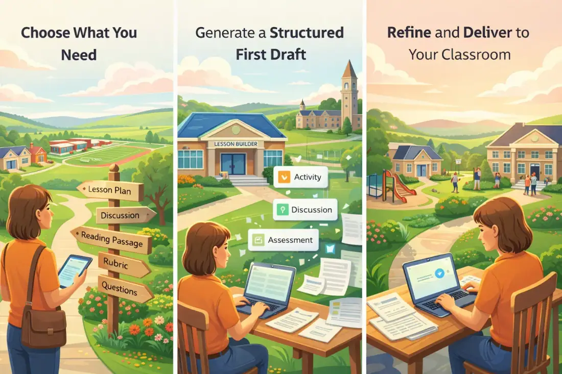 Lesson Planning workflow showing tool selection, prompt inputs, generated classroom materials, and editing controls in the workspace.