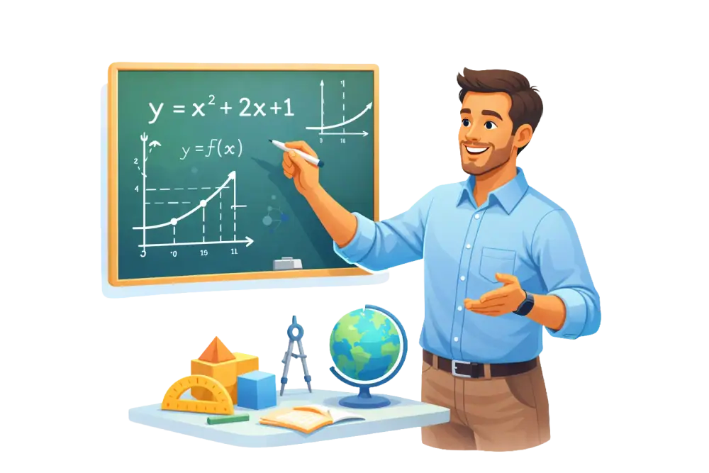 Illustration of a math teacher working through a lesson with students.