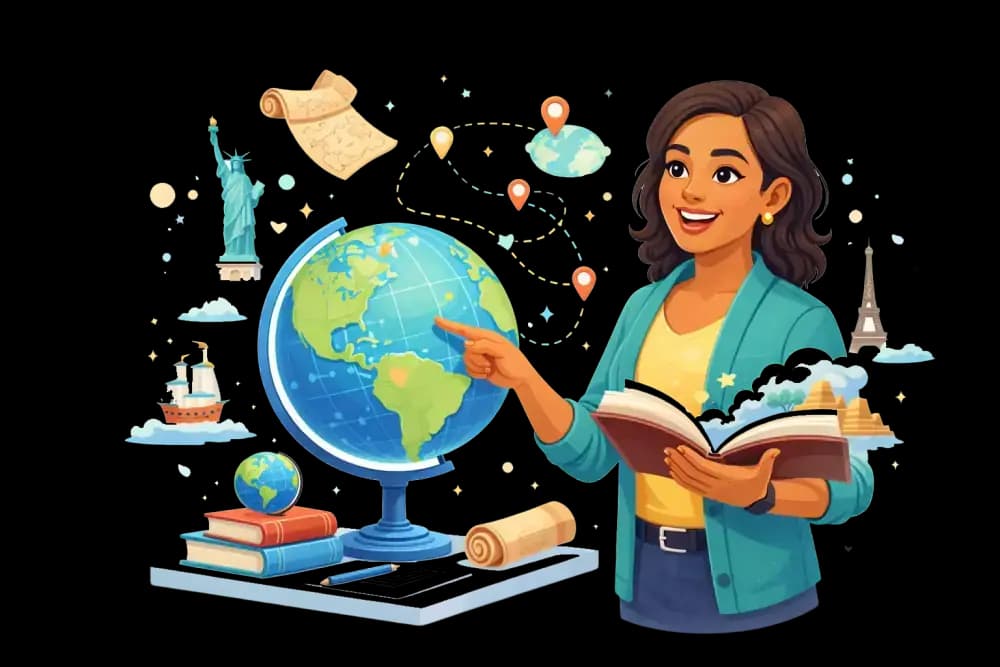 Illustration of a social studies teacher facilitating classroom discussion.