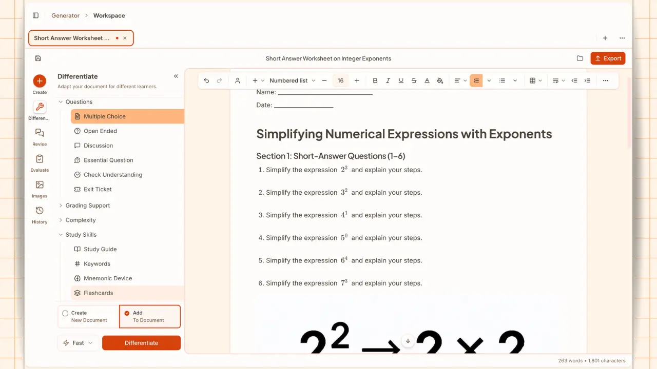 Eduaide Workspace showing a generated instructional resource open in the editor with document tools in the left sidebar and editing actions across the top.