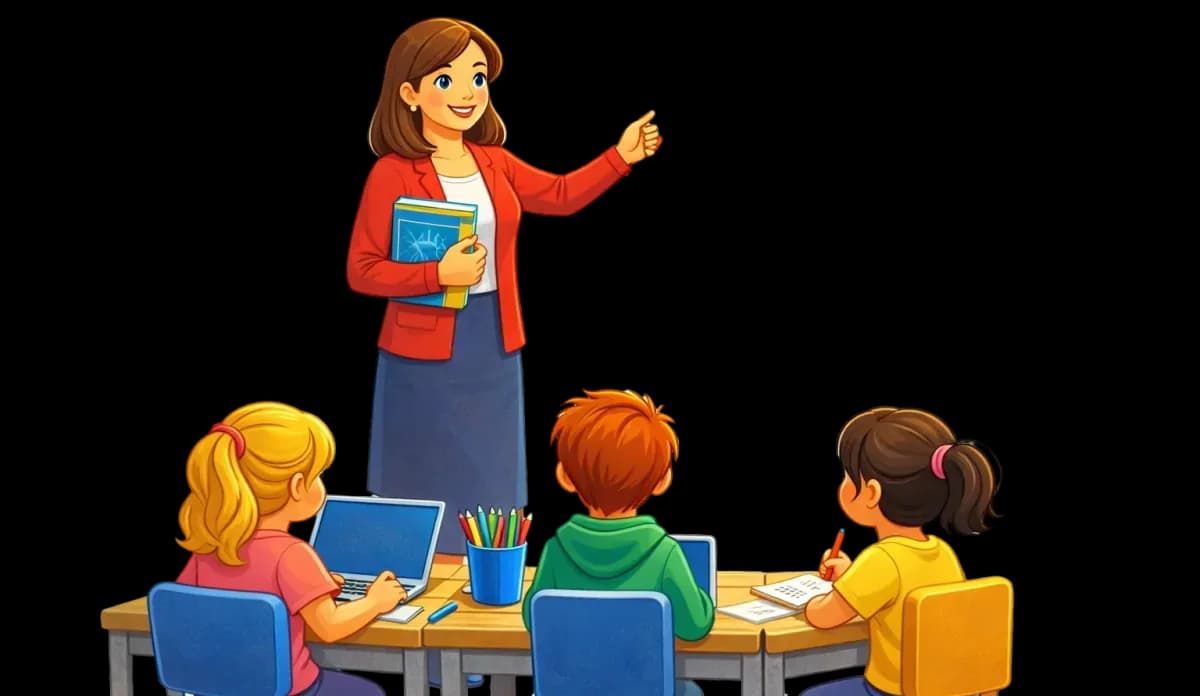 Teacher reviewing student work and planning materials in a classroom.