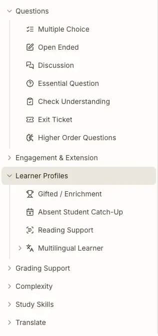 Eduaide Adapt options menu with categories for questions, learner profiles, grading support, complexity, study skills, and translation.