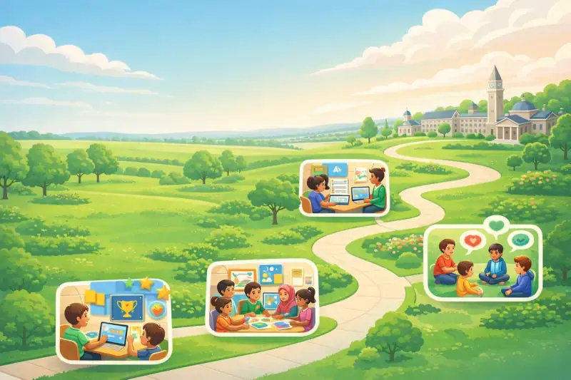 Illustrated pathway showing different instructional innovations, with classroom scenes of students at each stage.
