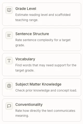 Eduaide Evaluate options menu with grade level, sentence structure, vocabulary, subject matter knowledge, and conventionality evaluators.