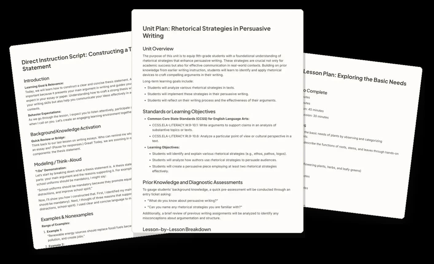 Three lesson plans generated by Eduaide: a persuasive writing unit plan, a direct instruction script on thesis statements, and a Montessori lesson on the needs of plants.