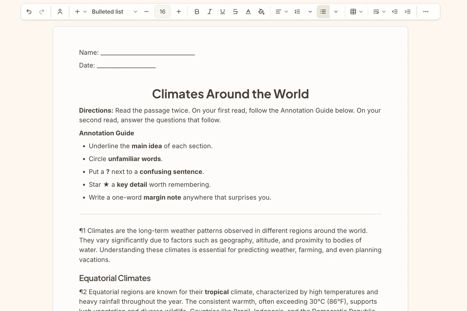 Worksheet preview showing the Climates Around the World reading activity