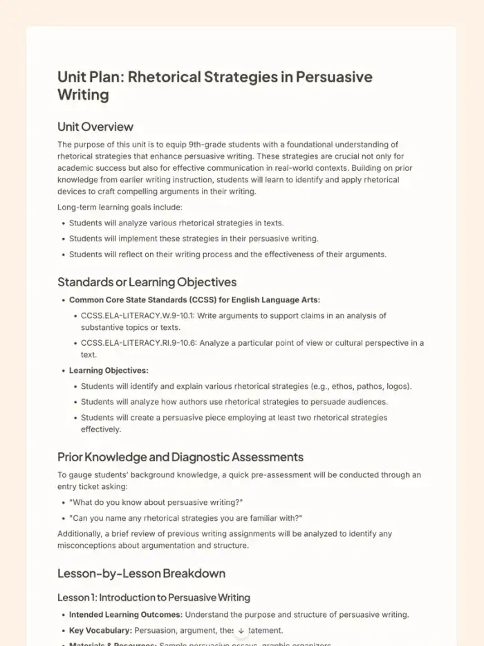 Preview of a unit plan for rhetorical strategies in persuasive writing.